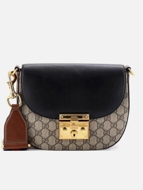 Gucci Black Leather & Beige GG Canvas Saddle Bag with Red-Blue Strap